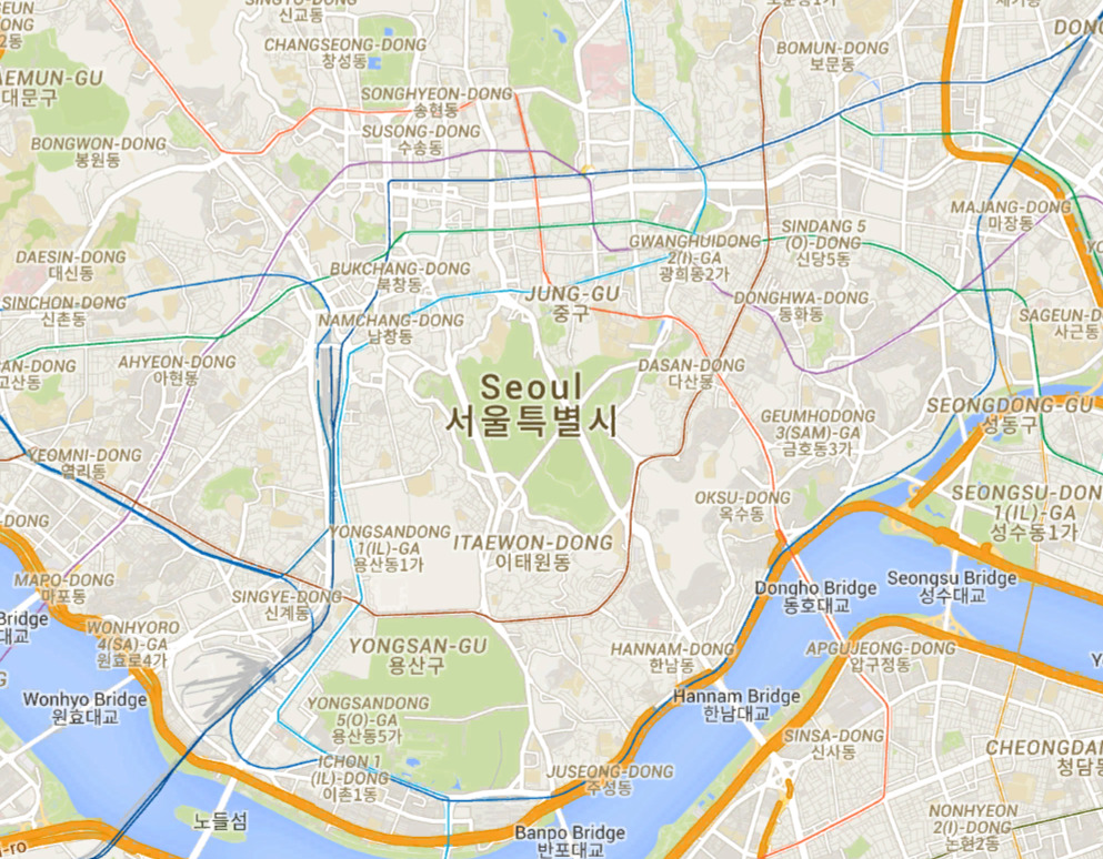 Google Maps view of Seoul. No street names or numbers show up, but colour-coded subway lines are already visible.